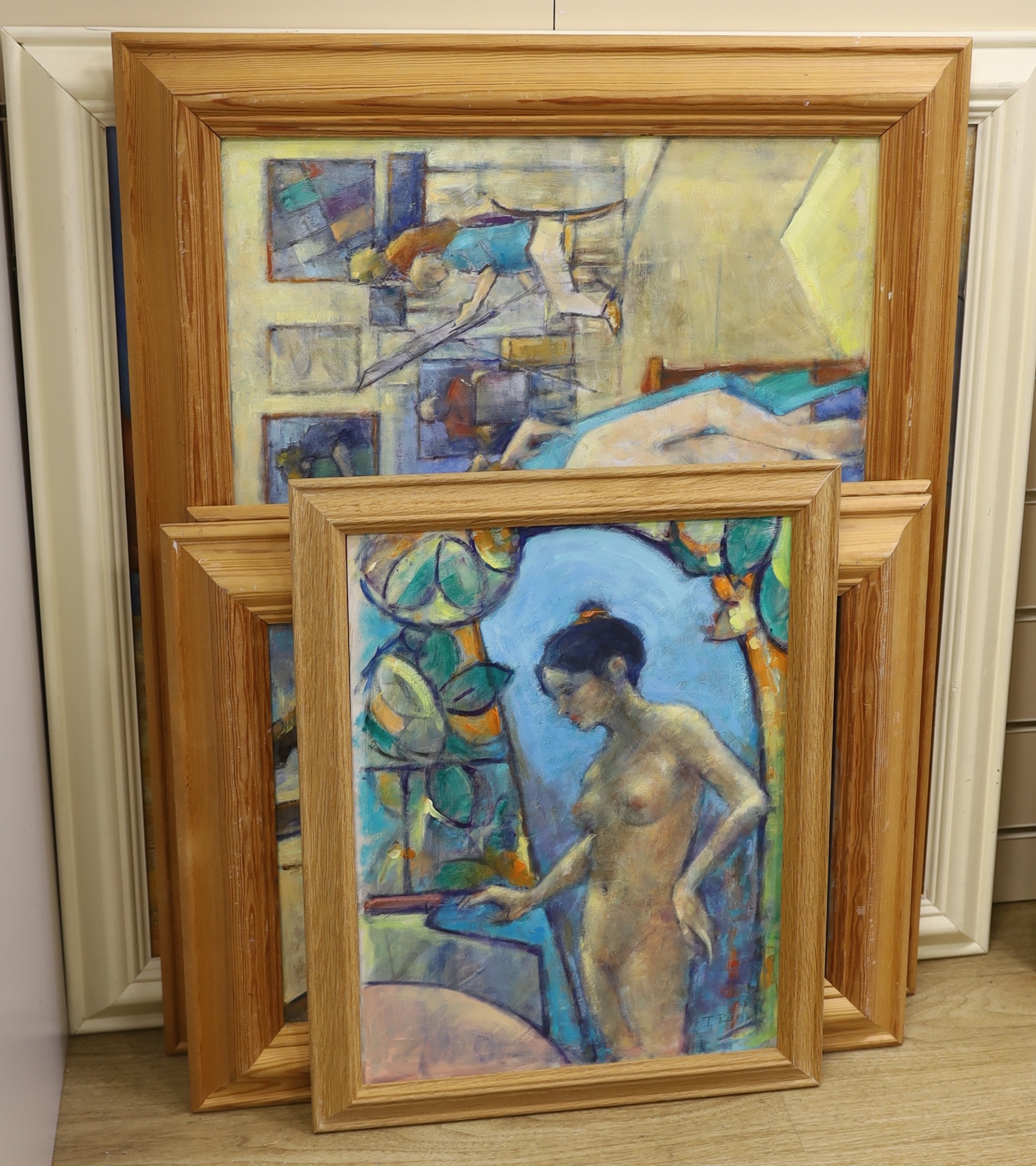 Terry Perry, four oils on board, Nude studies, largest 44 x 60cm